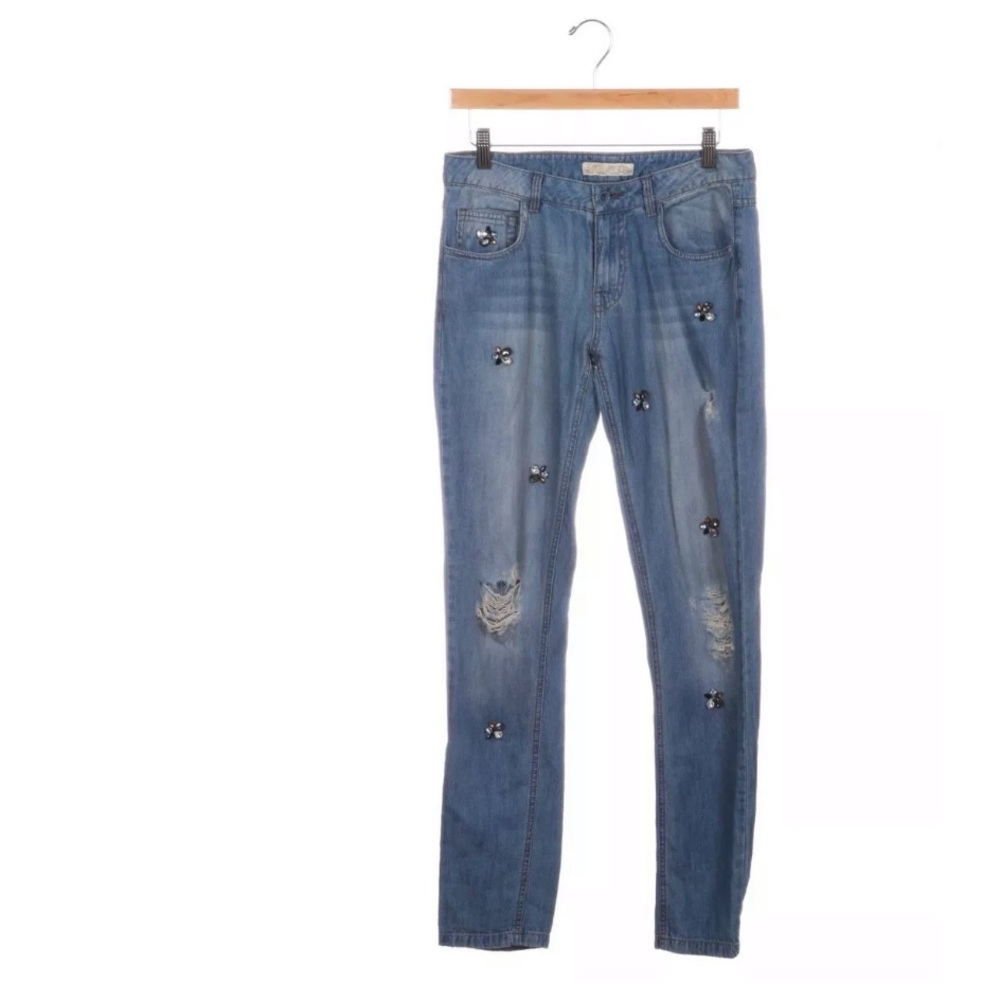 Zara blue slim jeans 24 gem embellished distressed XS 0 trendy appliqué pants 2